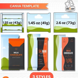 May include: A digital Canva template for chocolate bar wrappers featuring three distinct sizes: 43g, 41g, and 73g. The graphic displays three wrapper styles with orange, black, and green colour schemes, including text labels like MILK CHOCOLATE and SALMAN.