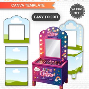 May include: A vanity gift box Canva template featuring a purple vanity with a mirror, lights, and makeup graphics. The text reads VANITY GIFT BOX, CANVA TEMPLATE, EASY TO EDIT, A4 PRINT SHEET, LITTLE GLOW, BE YOU. SHINE BRIGHT, DRAG & DROP, EDITABLE IN CANVA.