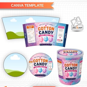 Peut inclure: Un modèle Canva numérique pour étiquettes de barbe à papa comprenant un design enveloppant, une étiquette ronde pour couvercle et un modèle de pot rempli. Les étiquettes affichent le texte COTTON CANDY, des valeurs nutritionnelles et 56g.