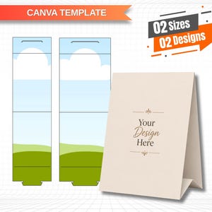 以下が含まれることがあります： 青い空と緑の風景が描かれた2つのフラットなレイアウトと、Your Design Hereというテキストが表示された折り畳み式のベージュのテーブルテントカードのデジタルテンプレート。画像にはTABLE TENT CARD TEMPLATE、02 Sizes 02 Designs、DRAG & DROP、EDITABLE IN Canvaというテキストが含まれています。