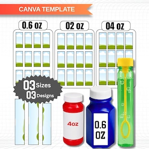 Puede incluir: Una plantilla digital de Canva para etiquetas de botellas de burbujas en tres tamaños: 0.6 oz, 2 oz y 4 oz. El gráfico muestra tres botellas de burbujas físicas en rojo, azul y verde, junto con cuadrículas de diseño y función de arrastrar y soltar.