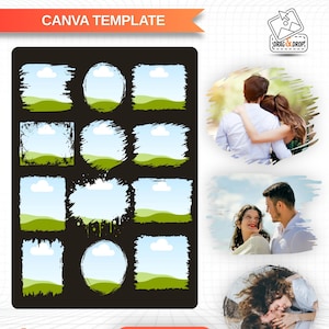 May include: A Canva template titled BLEACH DISTRESSED EDGES featuring a black rectangular sheet with twelve varied frames with distressed borders. The design includes a drag and drop icon and displays three example photos of couples in different shapes.