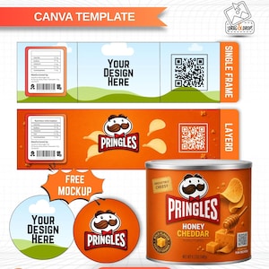 Pode incluir: Um modelo para rótulos de latas Pringles, com uma lata de sabor Honey Cheddar, maquetes e elementos de design. Inclui texto: "PRINGLES CAN LABEL", "CANVA TEMPLATE", "FREE MOCKUP", "YOUR DESIGN HERE" e "EDITABLE IN CANVA".