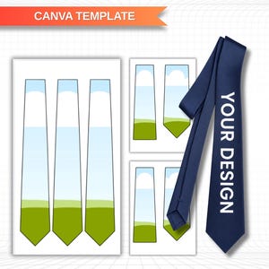 以下が含まれることがあります： ネクタイ用のデジタルデザインテンプレートで、上部にTIE EDITABLE CANVA TEMPLATEというテキストがあります。グラフィックには、風景のプレースホルダーが付いた複数の空白のネクタイの輪郭と、YOUR DESIGNというテキストが入った紺色のネクタイが表示されています。