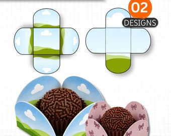 May include: An editable Canva template for truffle holders featuring two designs on an A4 sheet. The template includes flat layouts and assembled holders with a blue sky, clouds, and green hills pattern or a pink bow pattern, each holding a chocolate truffle.