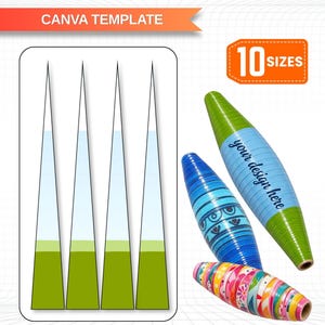 Peut inclure: Un modèle numérique pour bandes de perles en papier avec le texte PAPER BEAD STRIPS, CANVA TEMPLATE, 10 SIZES, DRAG & DROP, A4 SHEET SIZE et EDITABLE IN CANVA. L'image montre quatre modèles de papier triangulaires et trois perles finies.