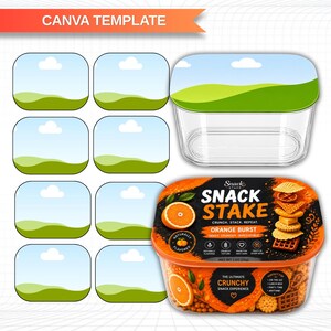 Peut inclure: Un modèle numérique pour étiquette de boîte à goûter avec le texte SNACK STACK EDITABLE et CANVA TEMPLATE. Il comprend huit emplacements rectangulaires avec un paysage et un récipient en plastique transparent avec une étiquette orange.