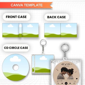 May include: A digital Canva template for a mini album keychain featuring a front case, back case, and CD circle case design. The layout includes placeholders for images, a circular CD graphic, and a keychain attachment with a clear plastic case.
