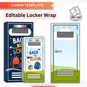 Puede incluir: Una plantilla digital de Canva para una caja de casillero escolar con tres diseños editables. Los gráficos incluyen temas de regreso a clases con mochilas, libros y lápices sobre fondos azules. El texto dice School Locker Box.