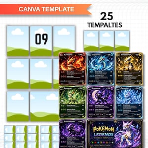 May include: A digital Michi Method Binder Canva template featuring a grid layout for trading cards. The design includes placeholders with cloud and landscape graphics, seven illustrated creature cards, and a Pokemon Legends title card.