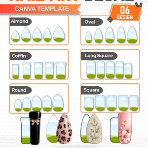 May include: A Canva template for nail art decals featuring six nail shapes: almond, oval, coffin, long square, round, and square. The sheet size is A4 or 21 cm by 28 cm. It includes drag and drop functionality and examples of decorated nails.