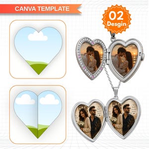 May include: A digital Canva template for a heart-shaped photo locket featuring two open silver locket designs with placeholder images of couples. The graphic includes text reading PHOTO HEART LOCKET, 02 Desgin, DRAG & DROP, and EDITABLE IN Canva.