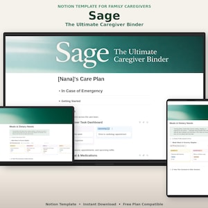Op de afbeelding: Een digitale sjabloon voor een mantelzorgmap weergegeven op een computermonitor, tablet en smartphone. De sjabloon heet "Sage: The Ultimate Caregiver Binder". De schermen tonen zorgplannen, maaltijdplanning en informatie over voedingsbehoeften.