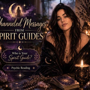 Puede incluir: Imagen con el texto "Mensajes Canalizados de Guías Espirituales" y "¿Quién es tu Guía Espiritual? Lectura Psíquica". La imagen presenta a una mujer, velas, cartas del tarot y cristales, creando un tema místico y espiritual.