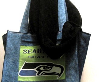 Handmade tote, denim, seahawk, 4 pockets, blue, recycled, upcycled