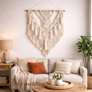 Macrame Wall Hanging Boho Decor, Large Woven Tapestry Wall Art, Geometric Cotton Wall Decor, Bohemian Bedroom Living Room Decor