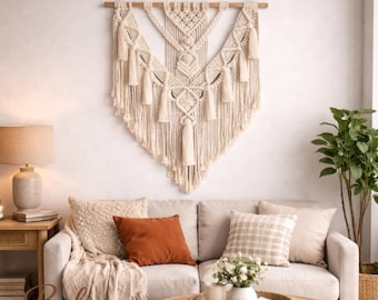 Arazzo da parete in macramè, decorazione boho, grande arazzo intrecciato, decorazione murale geometrica in cotone, decorazione bohémien per camera da letto e soggiorno