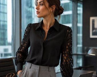 Elegante camicetta con maniche in pizzo – Camicia da ufficio bianca e nera, top chic da donna con bottoni, abbigliamento aziendale, abbigliamento da lavoro femminile, stile minimalista