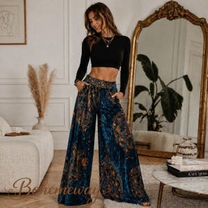 Boho fluwelen broek met wijde pijpen – Etnische palazzo broek met hoge taille – Retro chique losse bohemian broek voor dames – Feestelijke loungewear outfit