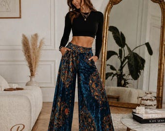 Pantaloni boho in velluto a gamba larga – Pantaloni palazzo etnici a vita alta – Pantaloni bohémien da donna a vestibilità ampia e chic in stile retrò – Outfit da relax per festival