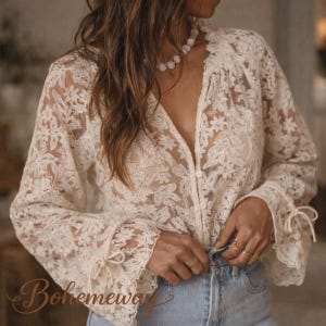 Bluzka z koronki boho damska, prześwitujący top z kwiatowym haftem; romantyczna koszula z bufiastymi rękawami, styl vintage wiktoriański, strój festiwalowy, narzutka plażowa