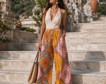 Pantaloni palazzo boho da donna, pantaloni a gamba larga per festival, pantaloni hippie da spiaggia, pantaloni estivi bohémien, outfit per le vacanze, abbigliamento da resort, pantaloni fluidi