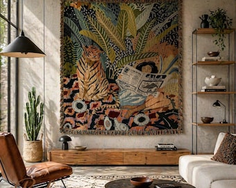 Arazzo da parete Boho Jungle con tigre, decorazione murale tessuta, donna che legge, arazzo bohémien da appendere al divano, regalo (50x60 pollici)