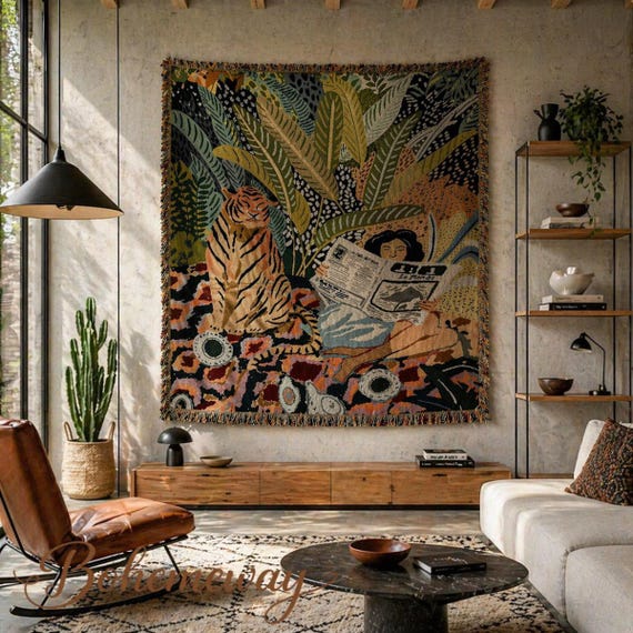Boho Jungle Wall Tapestry Tiger Wall Art Woven Throw Blanket Woman Reading Decor Bohemian Wall Hanging Couch Throw Gift (50x60 inches)