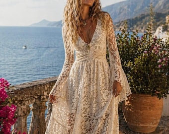 Abito da sposa rustico lungo in pizzo – Abito romantico in stile cottagecore, abito da sposa boho a maniche lunghe, abito vintage in pizzo