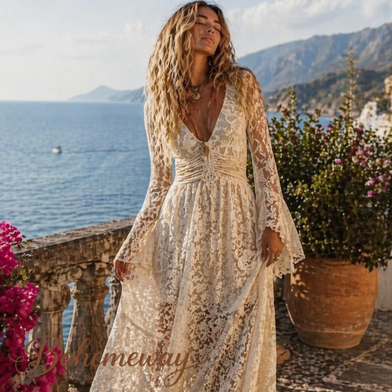 Rustic Wedding Dress Lace Maxi – Romantic Cottagecore Dress, Boho Long Sleeve Bridal Gown, Vintage Lace Dress