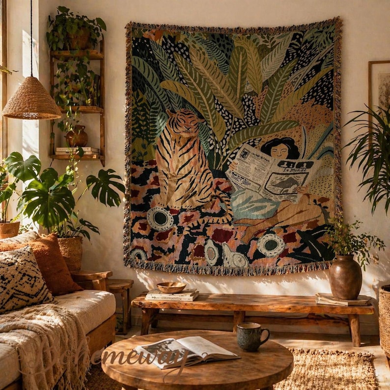 May include: A tapestry featuring a tiger and a person reading a newspaper in a jungle setting. The tapestry has a fringed edge and is displayed on a white wall. The room is decorated with plants, wooden furniture, and a woven pendant light.