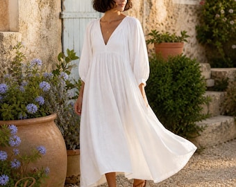 Abito midi in garza di cotone stile cottagecore – Abito boho con maniche a lanterna – Abito estivo ampio e svolazzante – Abito minimalista dalla vestibilità rilassata da donna