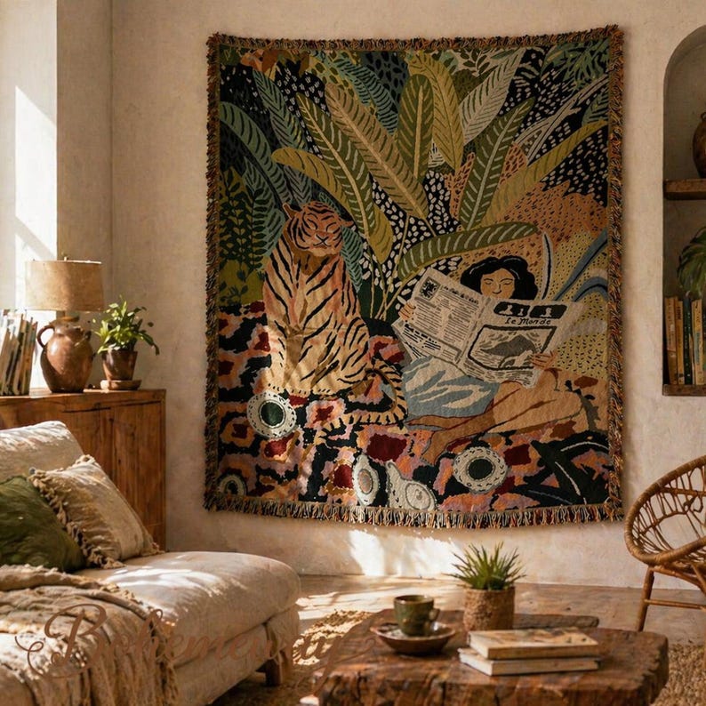 May include: A large tapestry featuring a tiger and a person reading a newspaper with the text "Le Monde". The tapestry has a jungle theme with green, yellow, and brown colors. The tapestry is hanging on a wall in a living room.