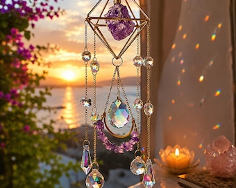 Amethyst Crystal Suncatcher, Boho Window Hanging, Rainbow Maker, Raw Amethyst Sun Catcher, Crystal Prism Decor, Spiritual Gift