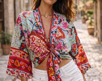 Boho Floral Kimono Top Women, Short Summer Kimono Cardigan, Beach Cover Up, Lightweight Bohemian Festival Outfit, Japanese Short Kimono