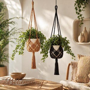 Set of 2 Macrame Plant Hangers, Boho Hanging Planters, Indoor Outdoor Plant Holder, Jute Basket Wall Decor, Hanging Basket Gift for Mom
