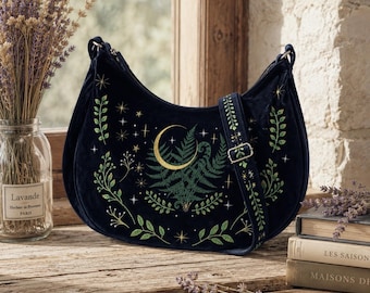Borsa a tracolla Boho Moon Fern, borsa a mezzaluna ricamata, borsa hobo botanica, borsa da strega della foresta, borsa a tracolla Cottagecore