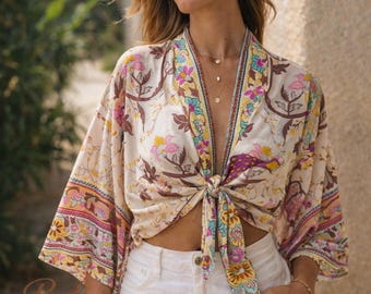 Boho Floral Kimono Top Beige Pink, Summer Tie Front Kimono, Lightweight Bohemian Cardigan, Festival Outfit Women, Hippie Gift Idea