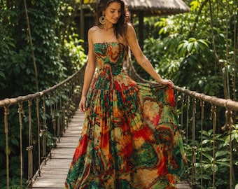 Abito lungo da donna con stampa astratta, abito boho senza spalline, abito per vacanze tropicali, abito estivo colorato, abbigliamento da resort, abito per invitati a matrimoni in spiaggia