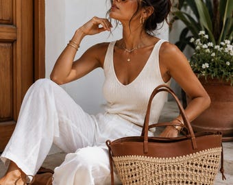 Borsa tote in paglia intrecciata, borsa a tracolla estiva da spiaggia, borsa a mano in rafia, borsa tote grande in stile boho, borsa per il mercato delle vacanze, regalo chic per donna
