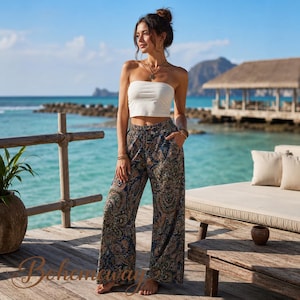 Pantaloni a gamba larga stile boho paisley da donna | Pantaloni da spiaggia a vita alta e fluidi | Pantaloni palazzo estivi larghi | Outfit per festival e vacanze