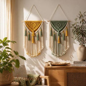 Macrame Wall Hanging Set, Boho Nursery Decor, Mustard Sage Green Tapestry, Geometric Cotton Wall Art, Baby Room Decor