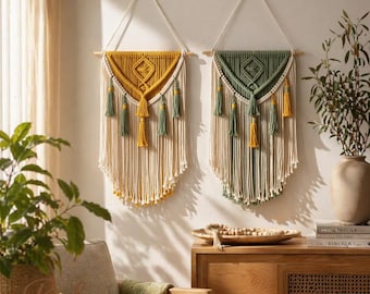 Conjunto de tapiz de macramé para pared, decoración bohemia para habitación infantil, tapiz verde mostaza y verde salvia, arte mural geométrico de algodón, decoración para habitación de bebé.