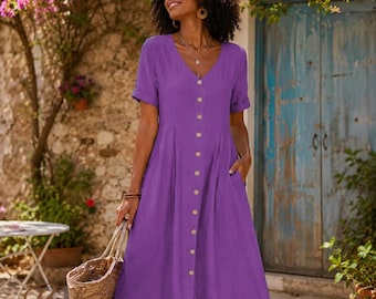 Abito midi in lino con tasche, abito in cotone dalla vestibilità ampia, abito boho con bottoni sul davanti, abito estivo casual da donna, abito midi svolazzante per le vacanze