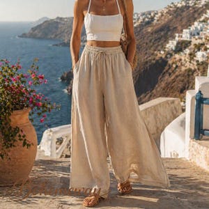 Casual linnen broek voor dames, broek met wijde pijpen en trekkoord, zomerbroek met elastische taille, loszittende strandbroek, boho linnen broek