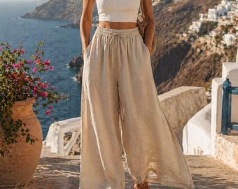 Casual Linen Pants Women, Drawstring Wide Leg Pants, Elastic Waist Summer Trousers, Loose Fit Beach Pants, Boho Linen Trousers