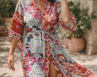 Kimono lungo boho da donna, copricostume da spiaggia con stampa floreale di pavone, spolverino bohémien leggero, cardigan estivo, abbigliamento da resort
