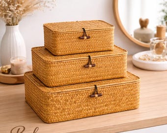 Wicker Storage Box with Lid Set, Handwoven Rattan Organizer, Boho Home Storage Basket, Shelf & Makeup Organizer, Natural Woven Box