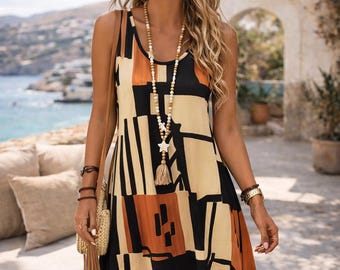 Abito lungo boho da donna, abito estivo da spiaggia, abito floreale con fiori di ciliegio, prendisole ampio e svolazzante, outfit bohémien casual, abito leggero per le vacanze