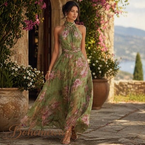 Grünes, geblümtes Neckholder-Maxikleid, rückenfreies Chiffon-Sommerkleid, Boho-Hochzeitsgastkleid, elegantes Urlaubskleid, fließende Resortmode